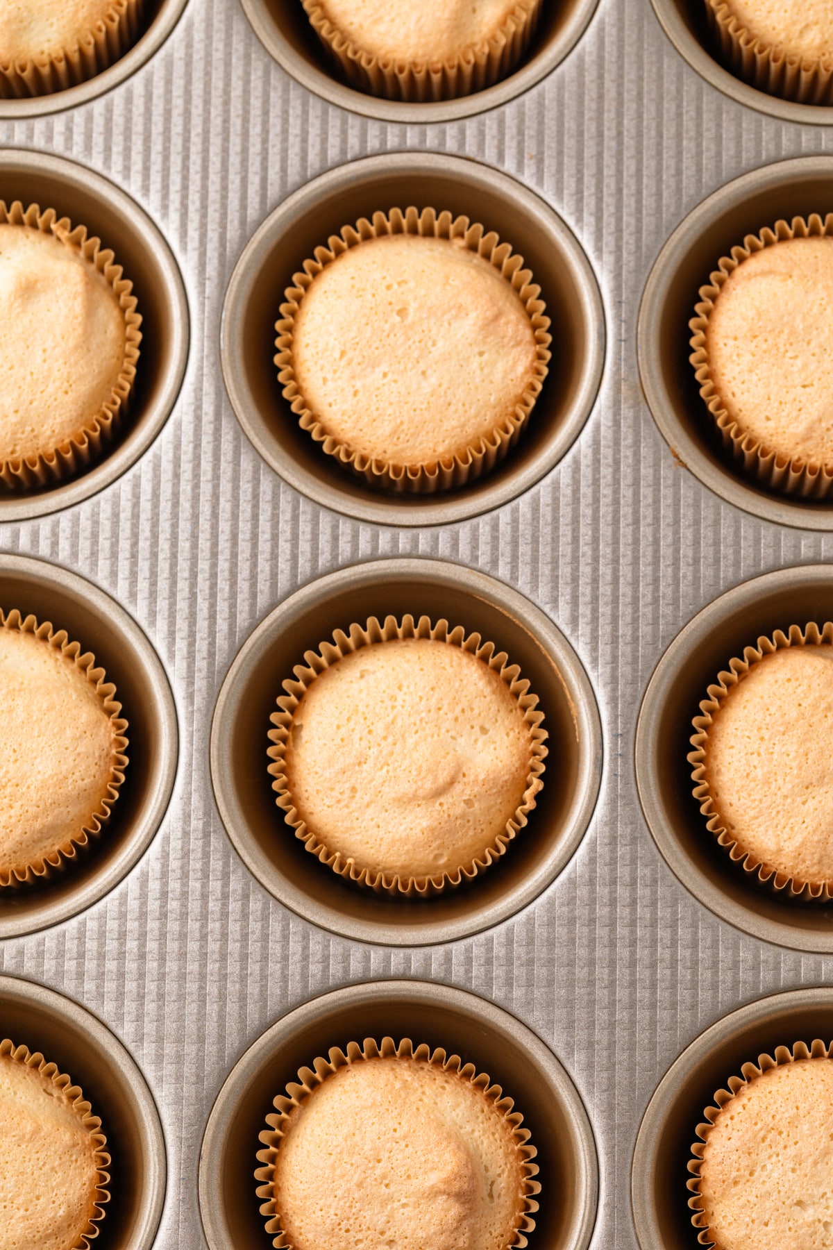 Angel food cupcakes in a muffin pan.