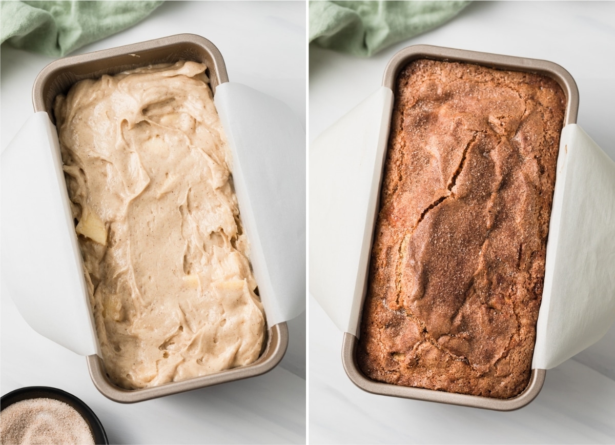 two photos showing unbaked bread batter in loaf pan next to bake bread in loaf pan