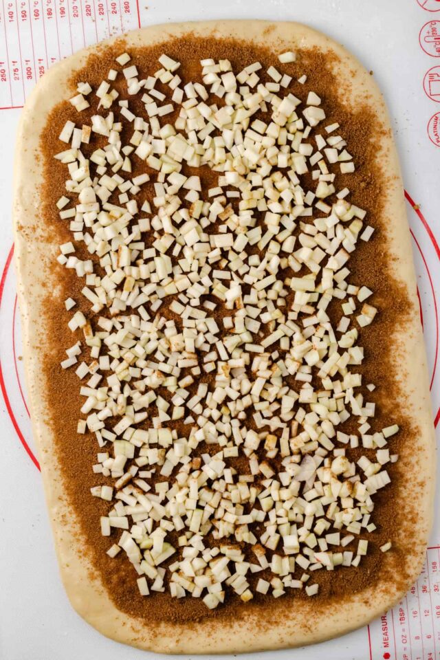 Dough spread into a rectangular, topped with cinnamon sugar and apples