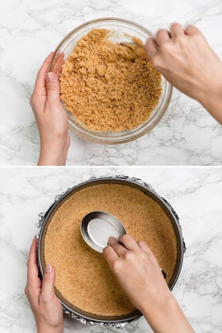 process shots for making apple pie cheesecake crust