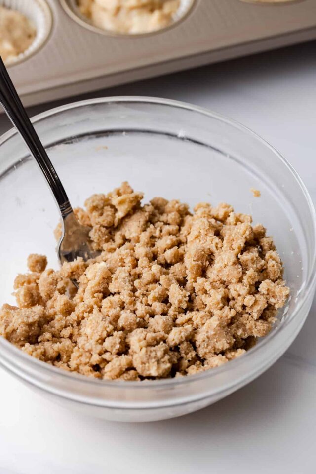 Brown sugar and cinnamon streusel topping in a bowl