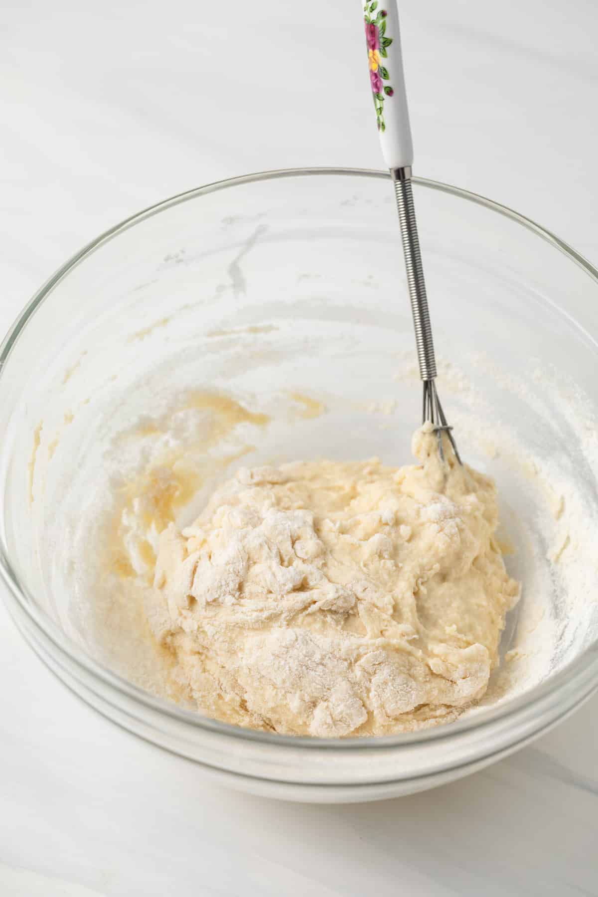 Dough mostly mixed for strudel.