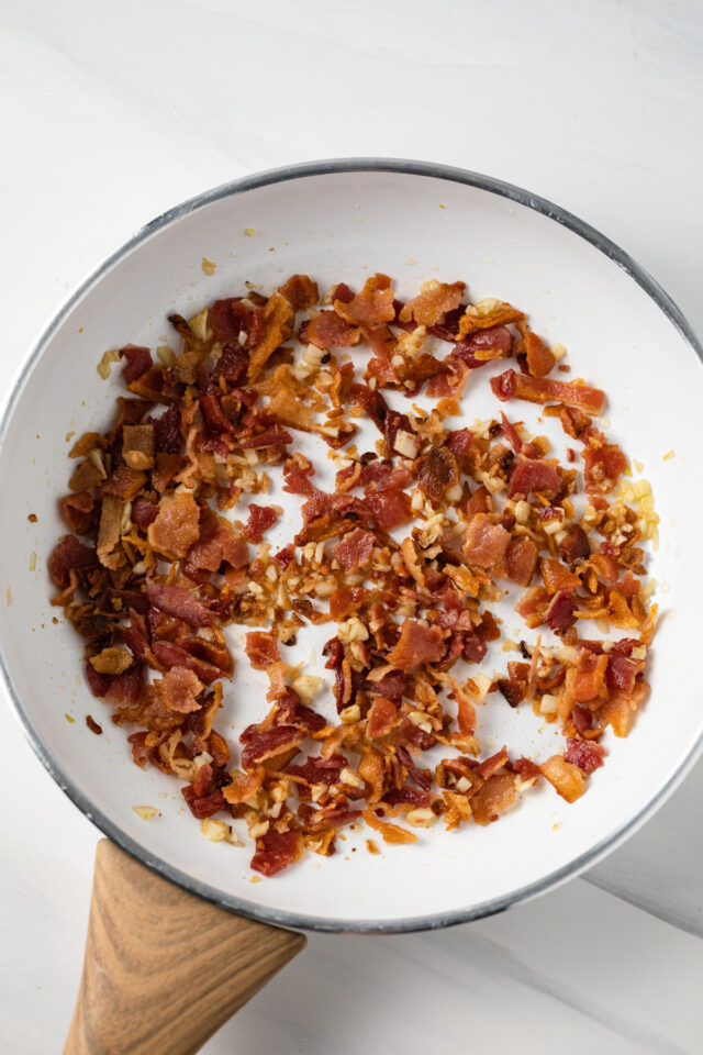 Minced bacon in a skillet