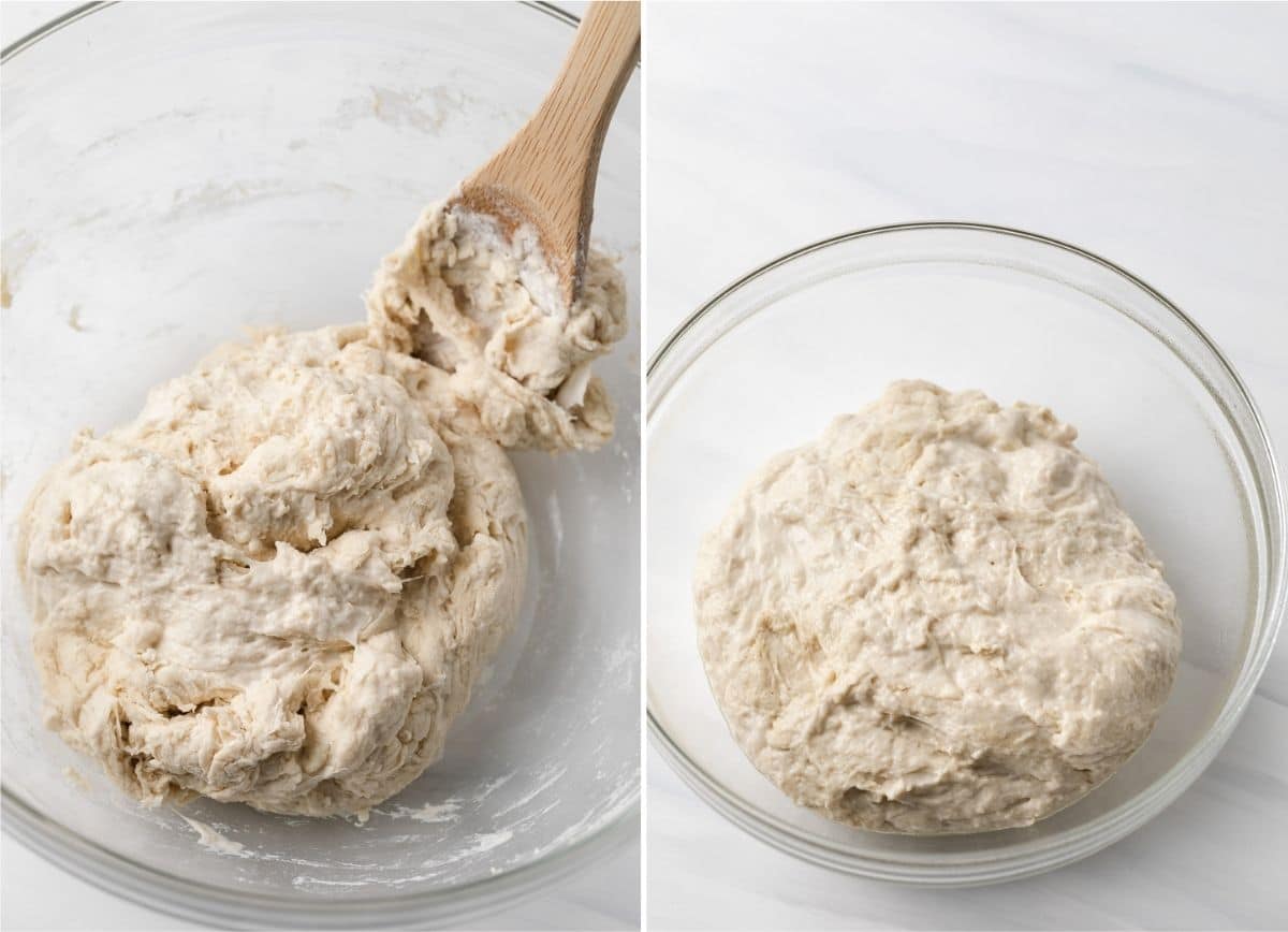 shaggy baguette dough in glass bowl with wooden spoon next to fully mixed baguette dough