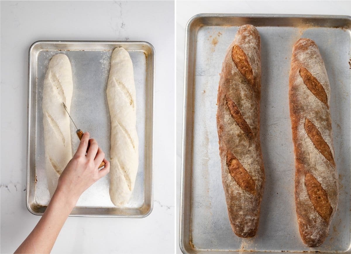 scoring top of unbaked baguette loaves next to two baked baguettes