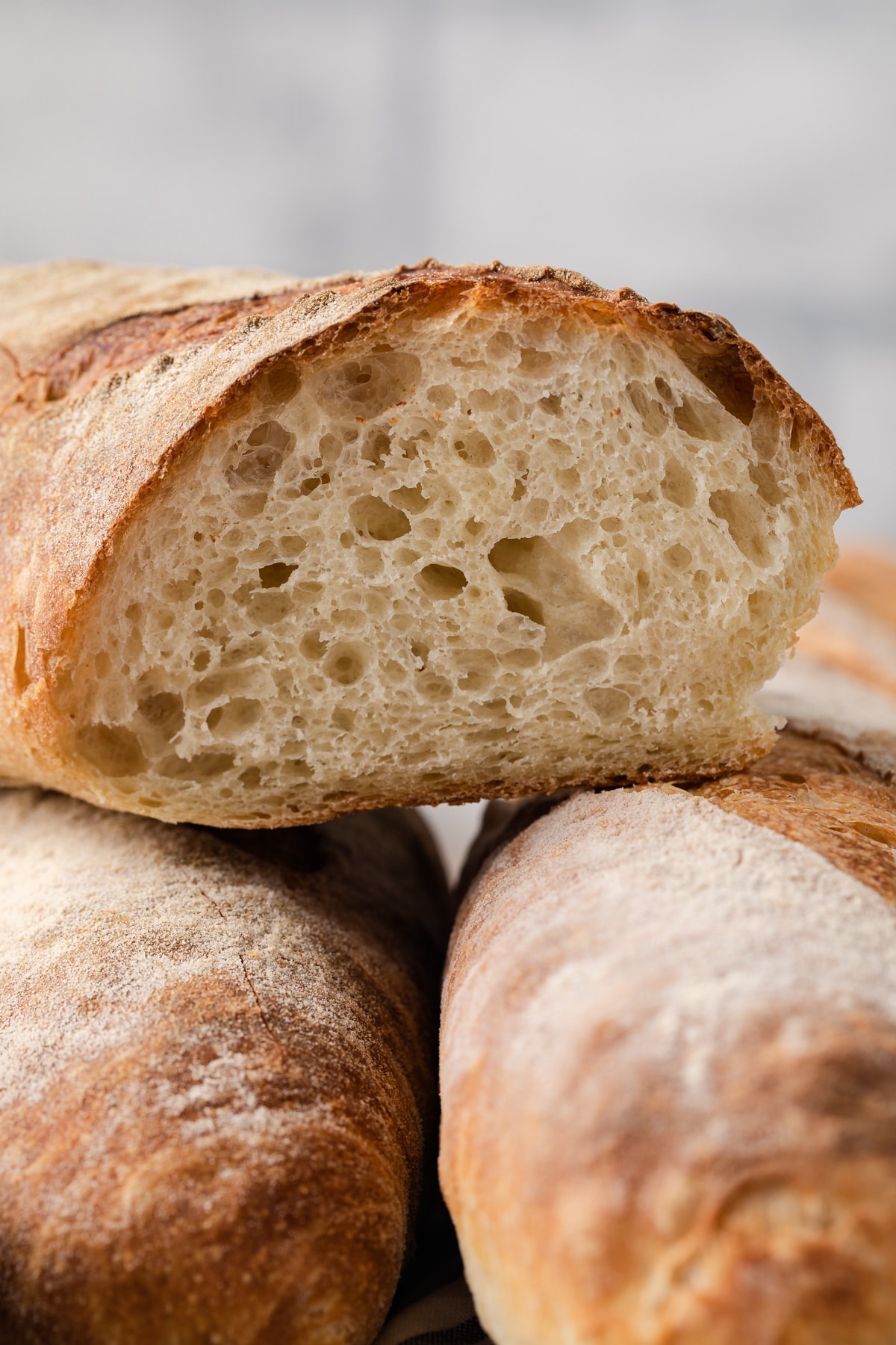 baguette sliced so the crumb inside is visible
