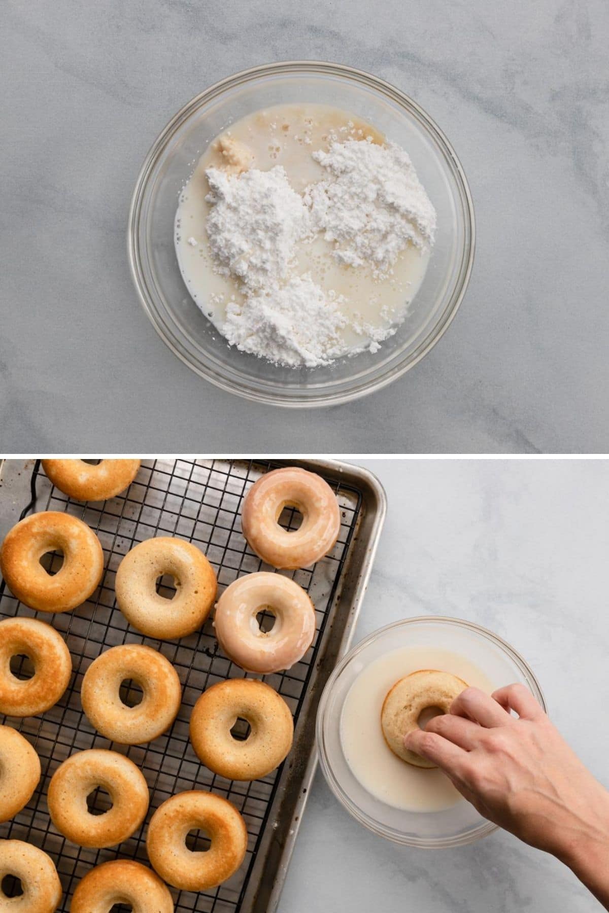process shots showing ingredients for glaze in glass mixing bowl and hand dipping donuts into mixed glaze