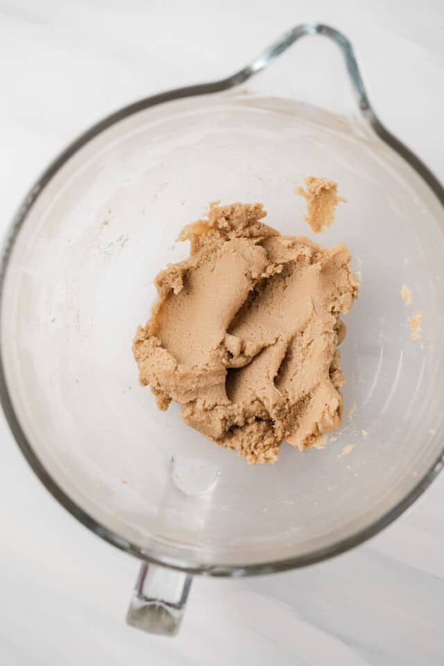 Creamed butter and sugar in a mixing bowl.
