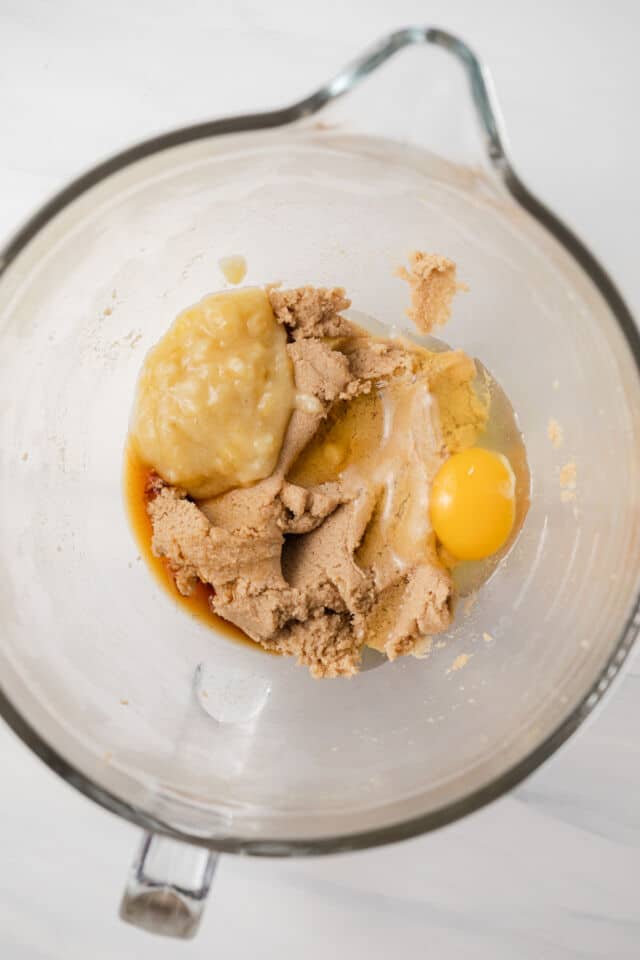 Creamed butter and sugar with mashed bananas and egg.