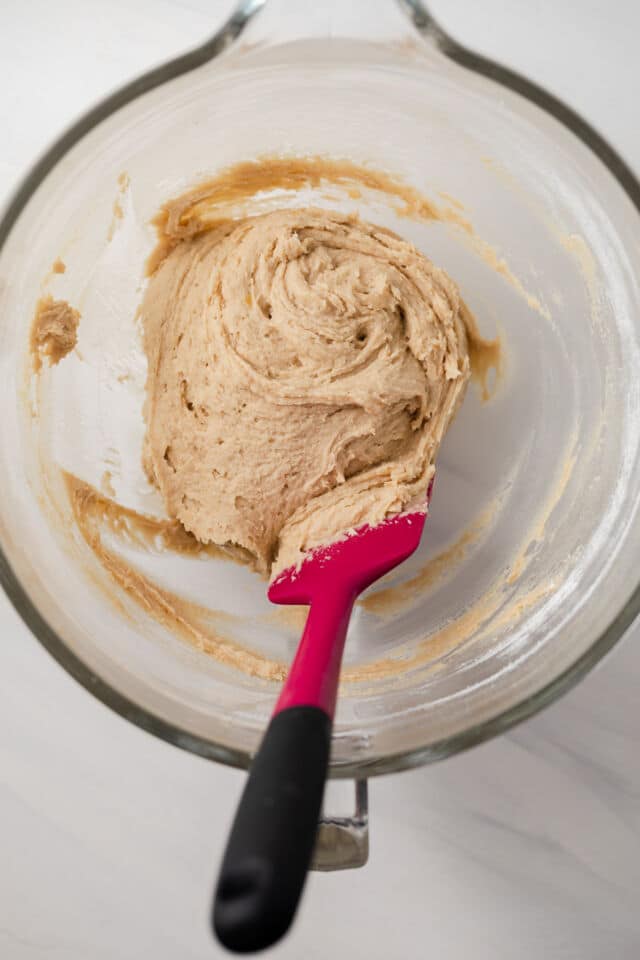 Cookie dough in a glass bowl.