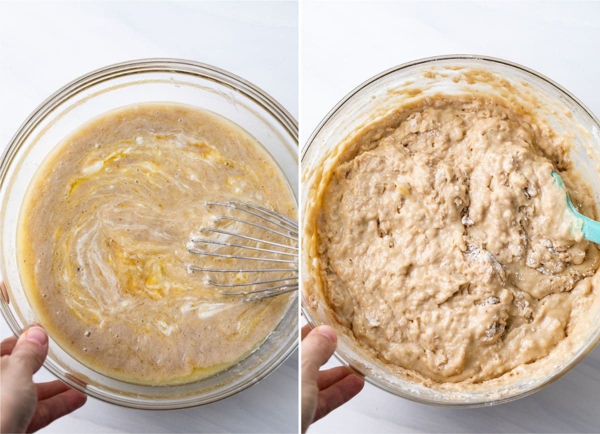 bowl of muffin batter without the flour next to bowl of muffin batter fully mixed