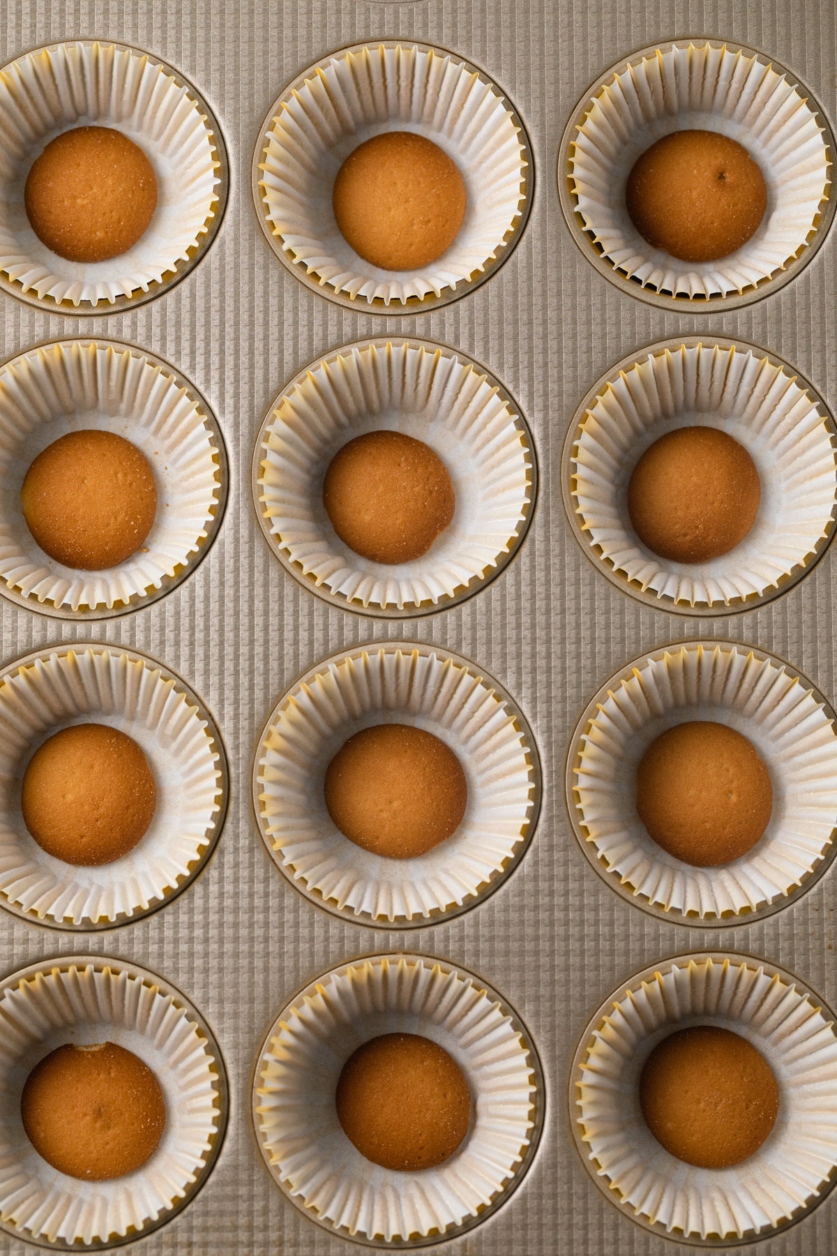 Vanilla wafers in paper lined muffin pan.