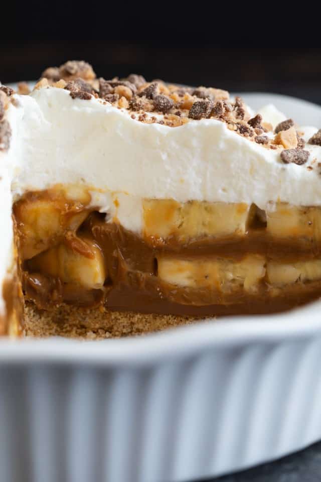 Banoffee Pie with a slice taken out so the pie layers are visible