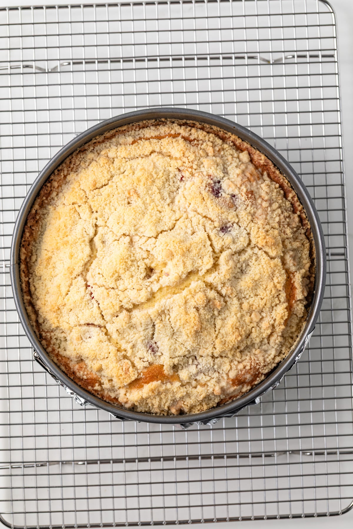 Berry crumb cake in cake pan.
