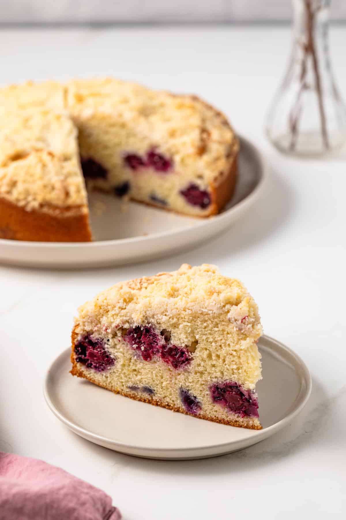 Slice of berry crumb cake on plate.