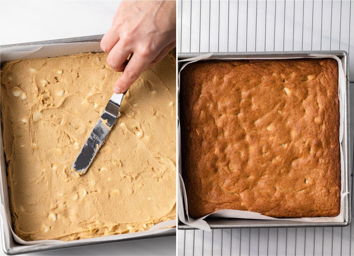 blondie batter spread into pan next to baked blondies in pan on wire rack