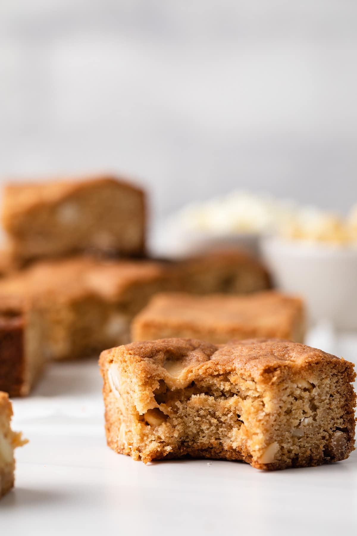 blonde brownie with a bite taken out