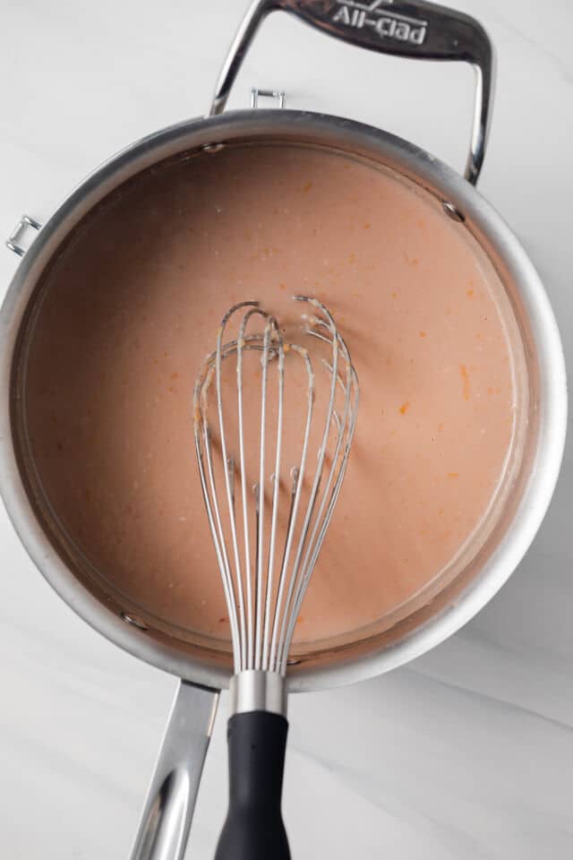 Filling for blood orange bars in saucepan.