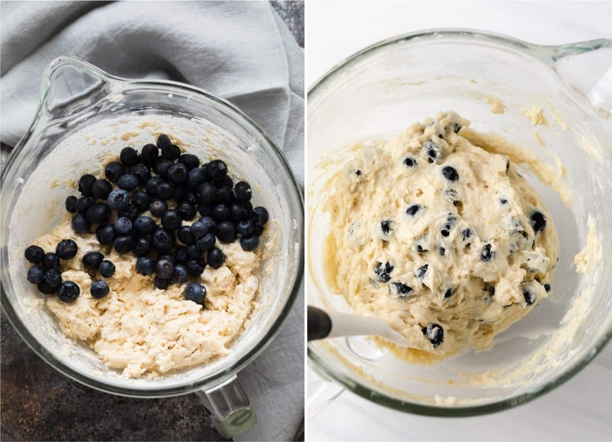 process shots of blueberries folded into muffin batter