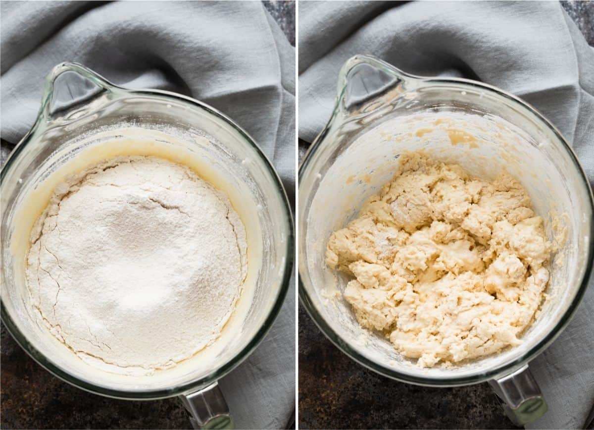process shots for mixing dry ingredients into blueberry muffin batter