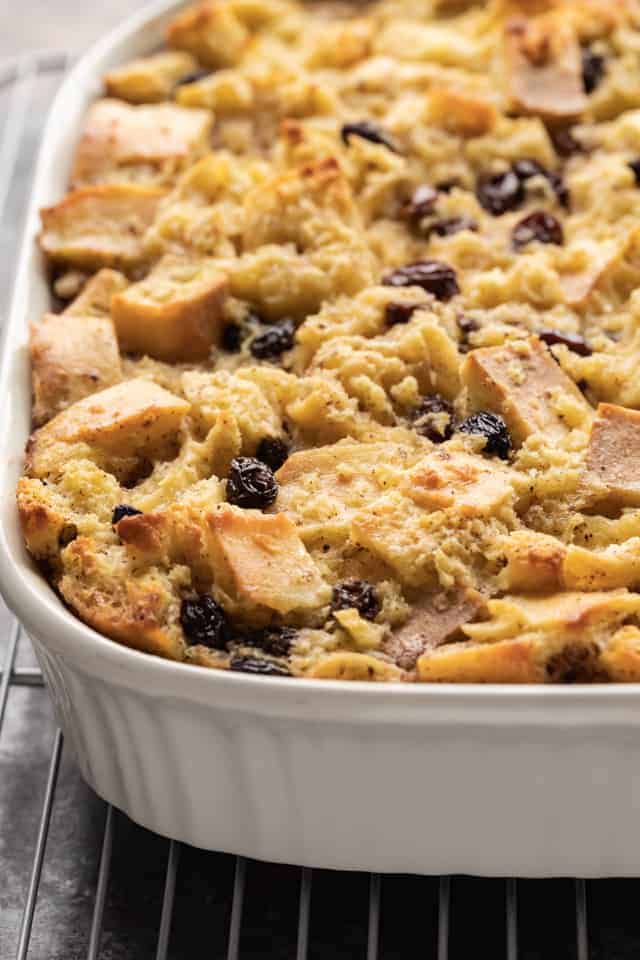 Bread pudding in a white casserole dish