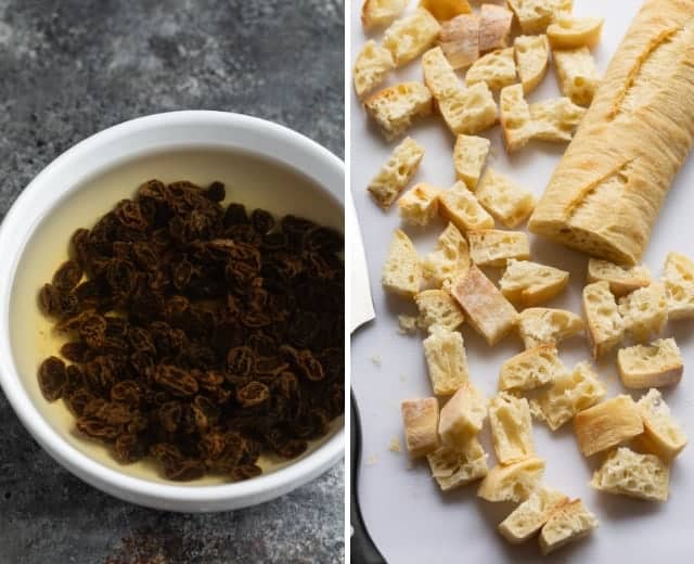 soaked raisins and cubed bread