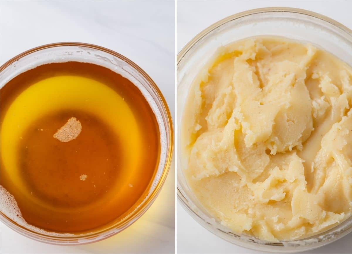 melted brown butter in glass bowl next to solidified brown butter in glass bowl