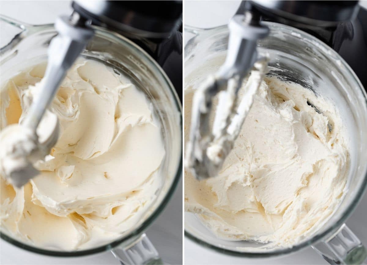 creamed brown butter in bowl of stand mixer next to creamed brown butter and sugar in bowl of stand mixer