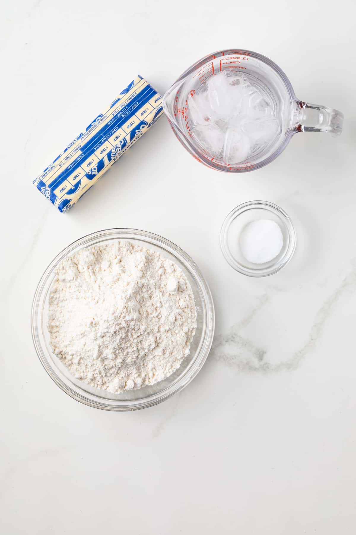 Ingredients for brown butter pie crust.