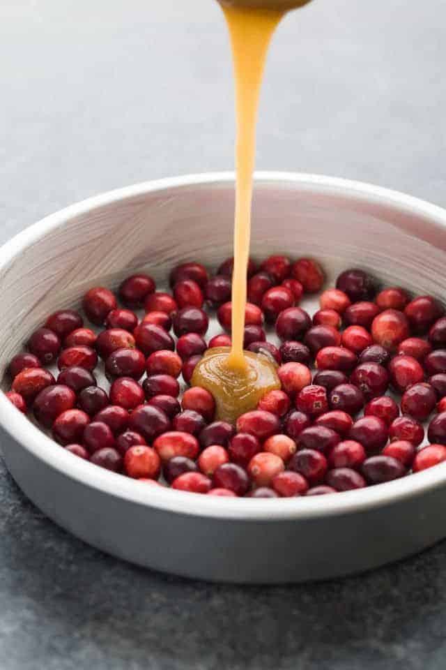 Brown Sugar Syrup Poured Over Fresh Cranberries