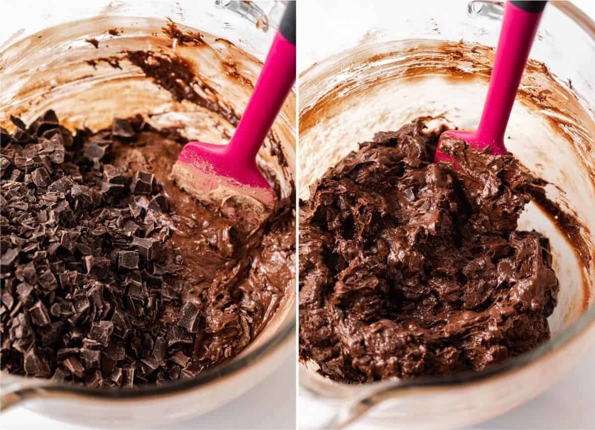 chopped chocolate on top of chocolate cookie dough in glass bowl next to bowl of brownie cookie dough