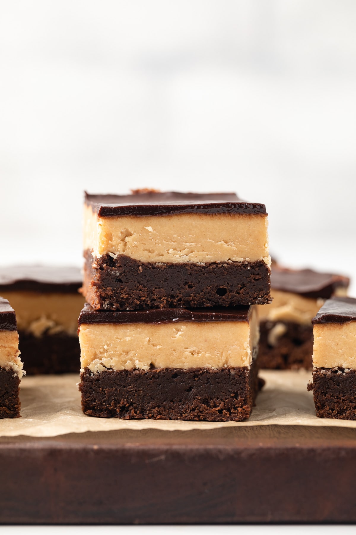 Two buckeye brownies stacked.