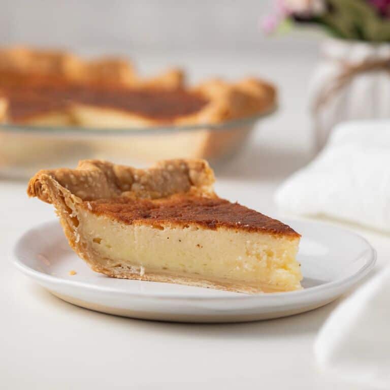 Side view of slice of buttermilk pie.