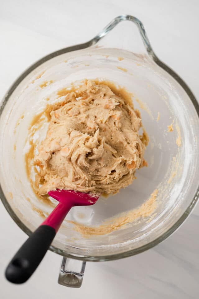 Cookie dough in a glass bowl.