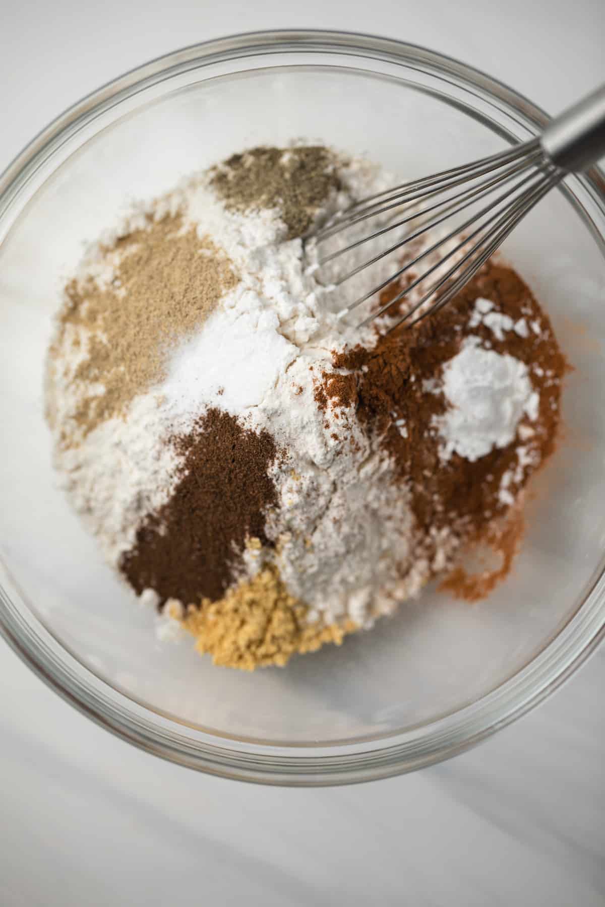 Dry ingredients in glass bowl.