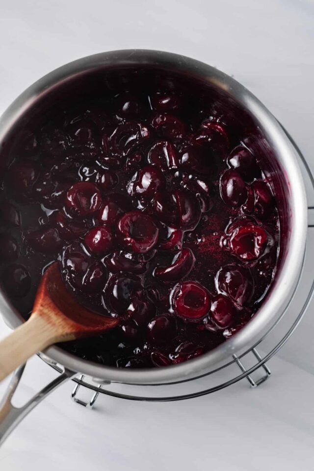 Cherry cobbler filling in a sauce pan