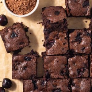 Overhead of chocolate cherry brownies.