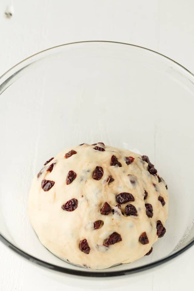 Chocolate Cherry Swirl Bread Dough in a glass bowl