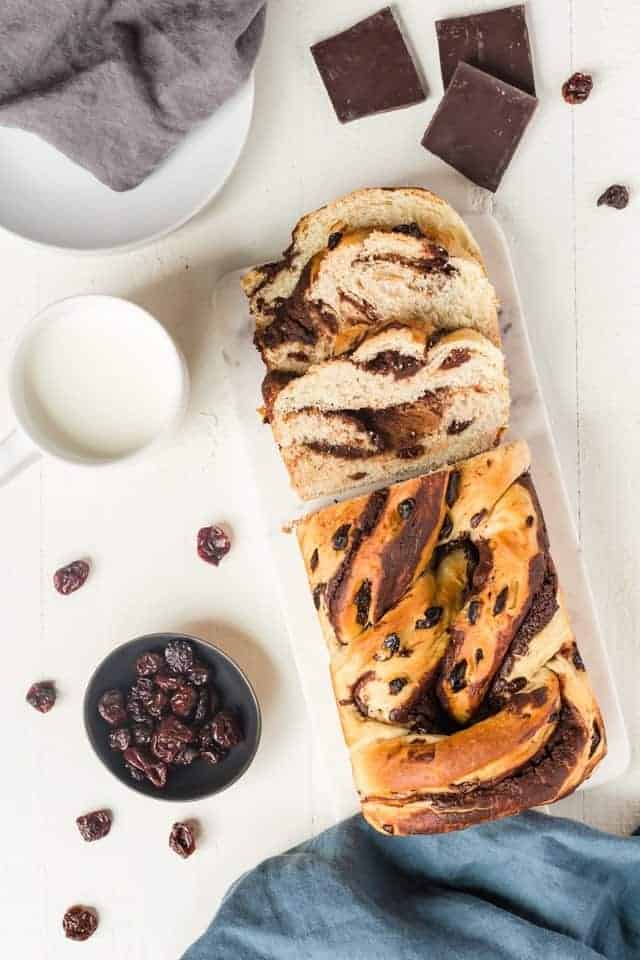 overhead view of Chocolate Cherry Swirl Bread sliced