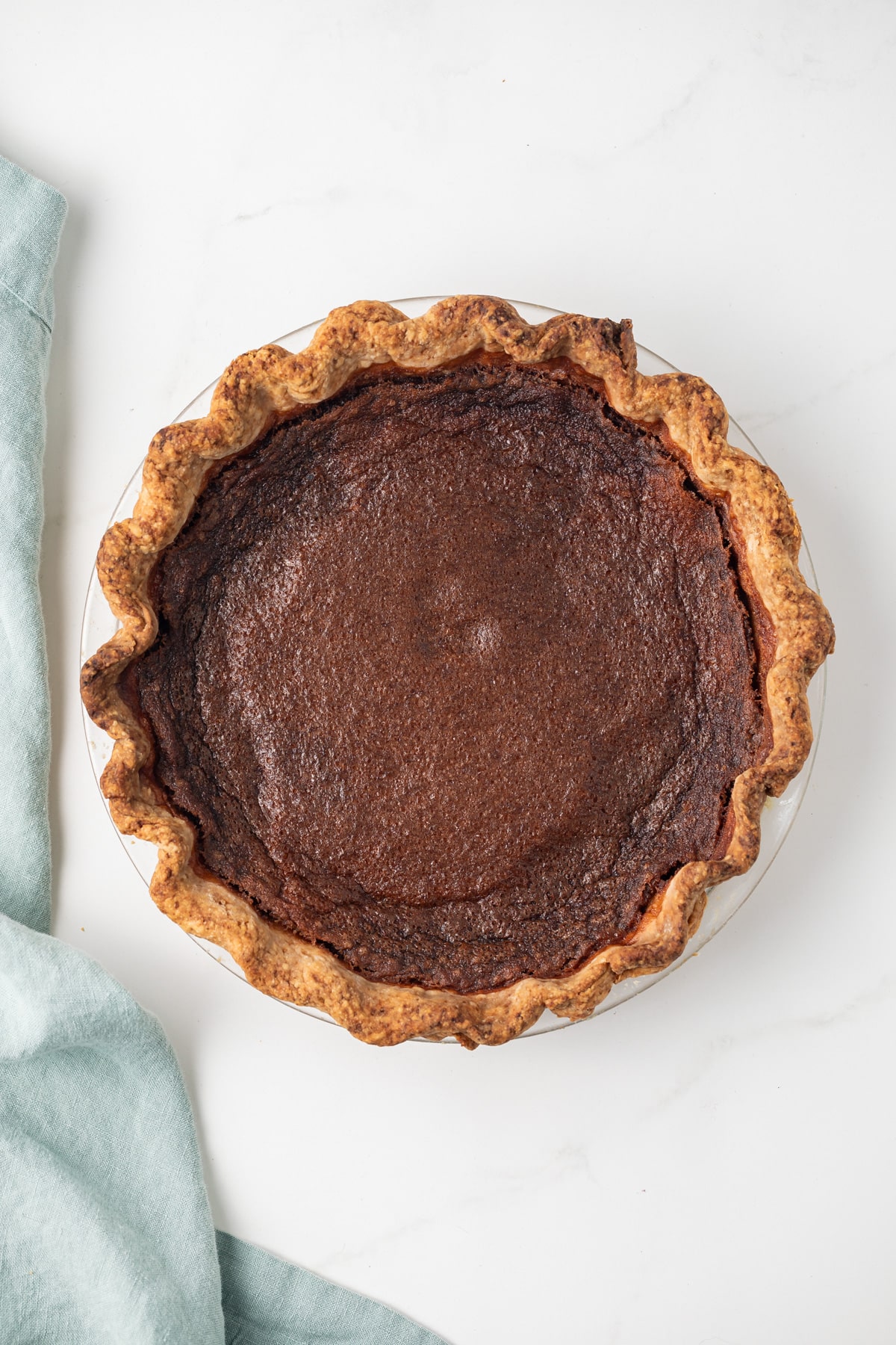 Overhead view of chocolate chess pie.