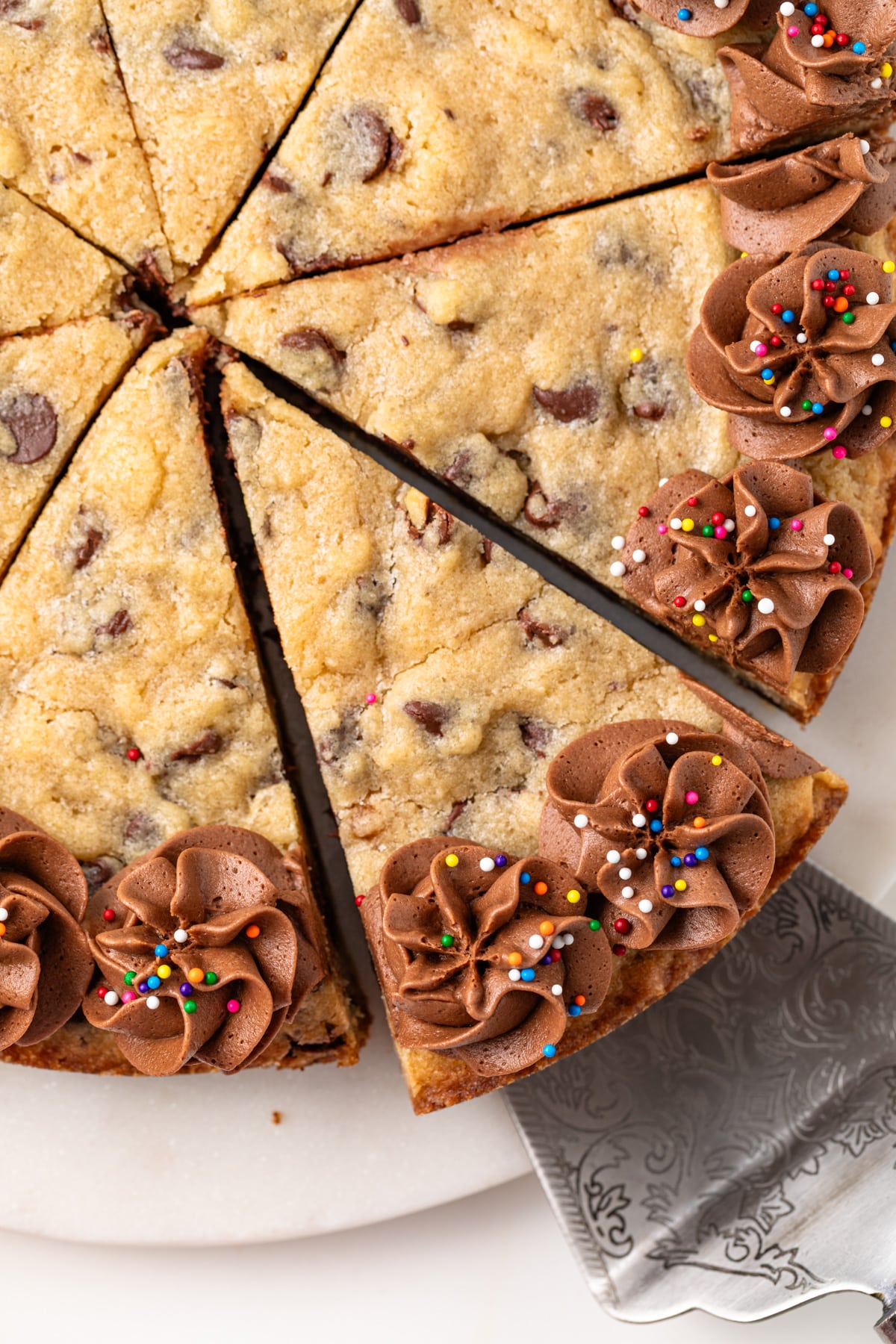 Slice of chocolate chip cookie cake.