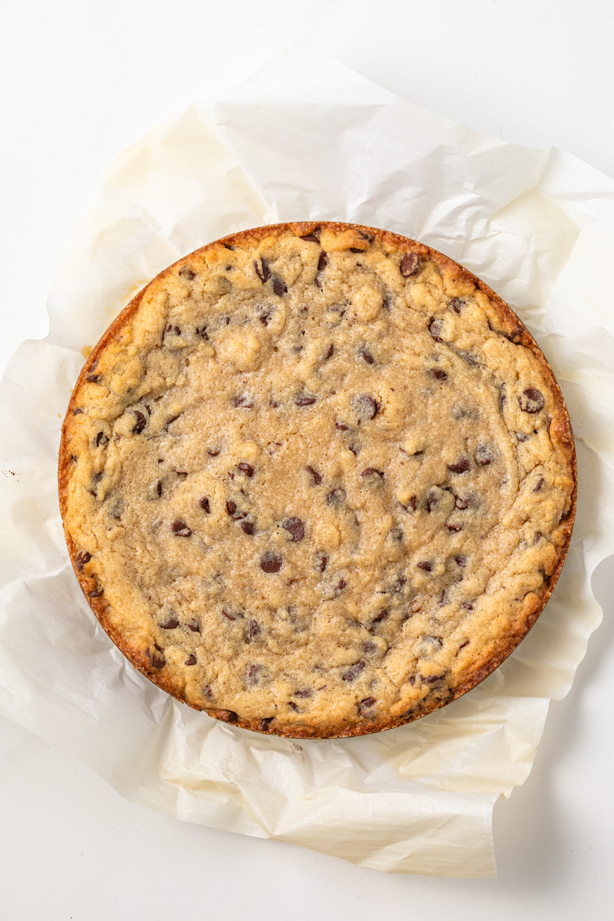 Unfrosted chocolate chip cookie cake.
