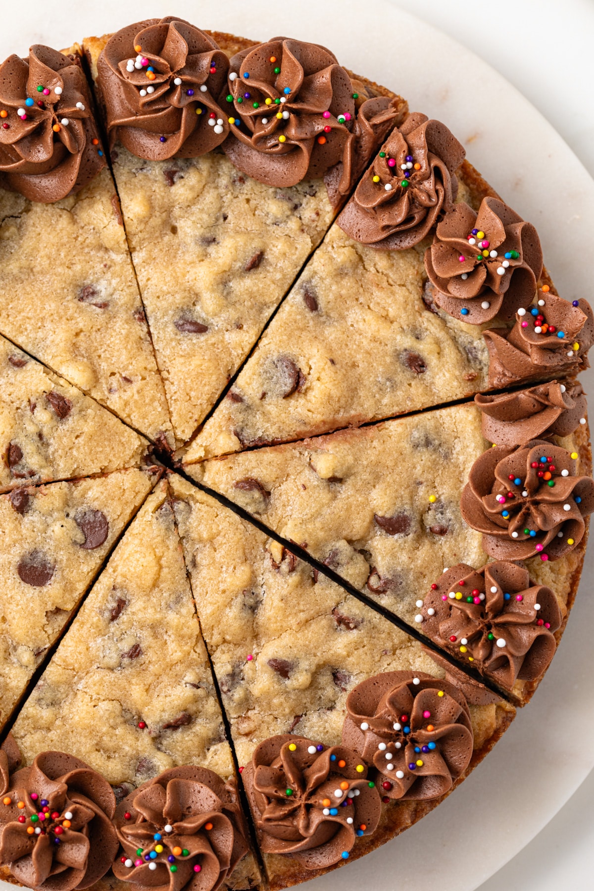 Close up of chocolate chip cookie cake.