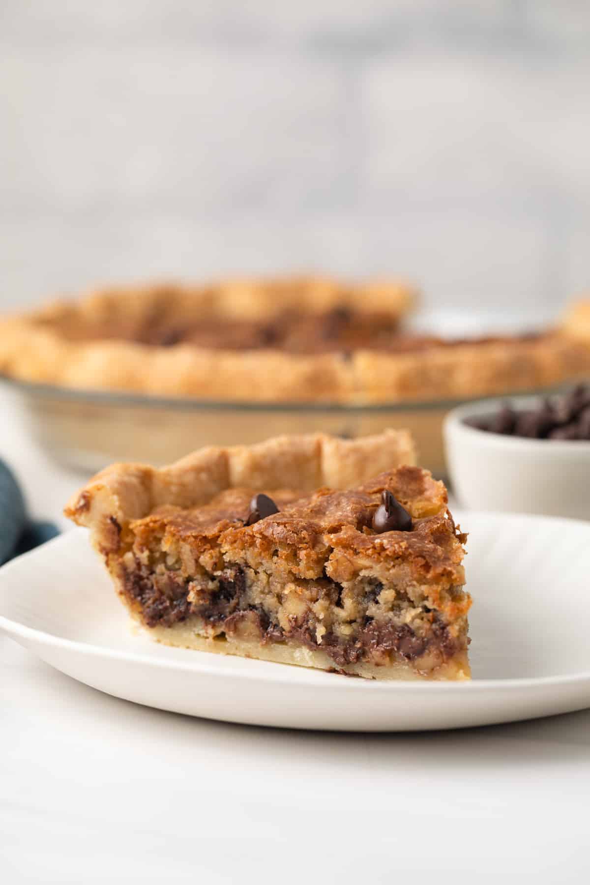 Slice of chocolate chip pie on plate.