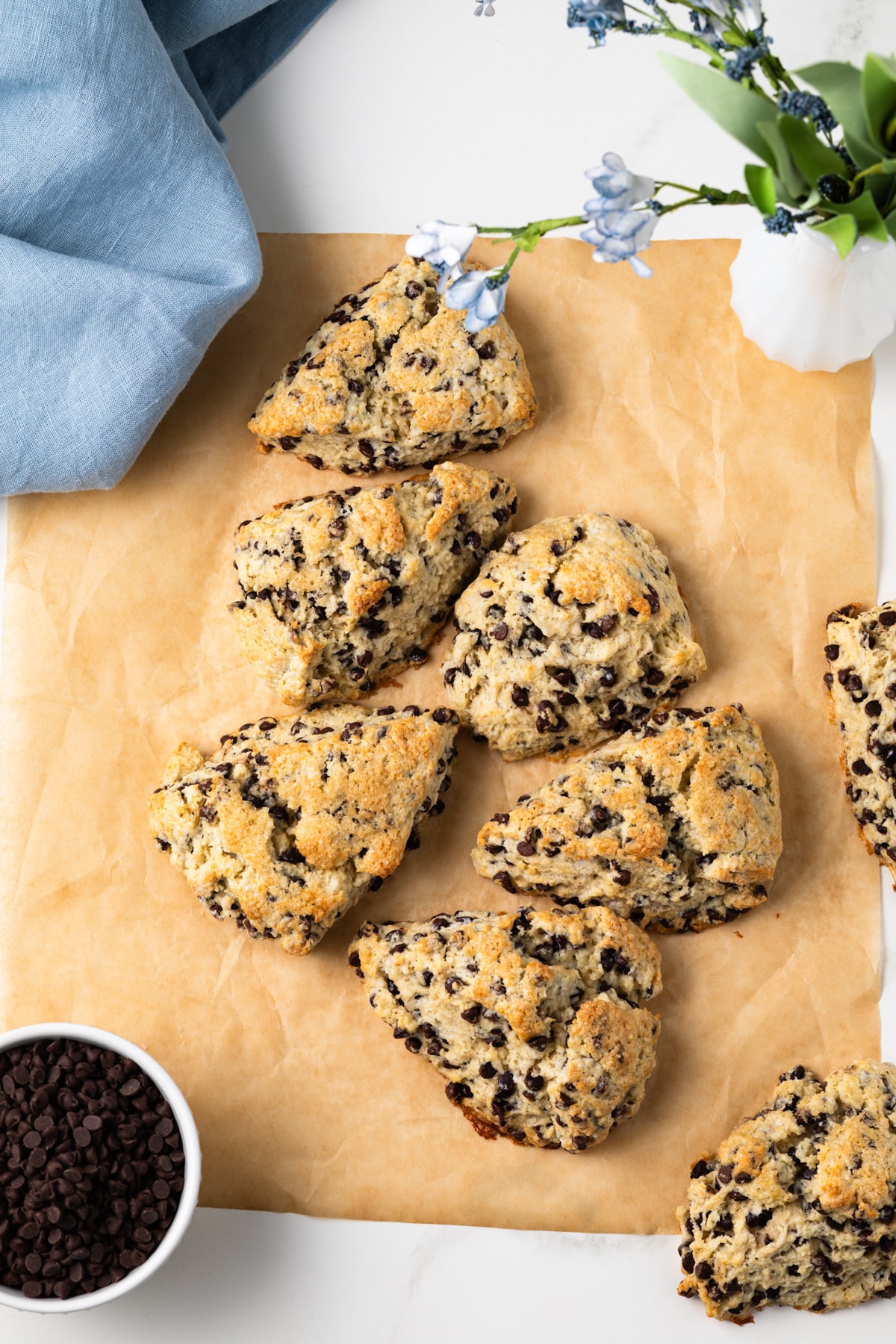 Overhead of chocolate chip scones.