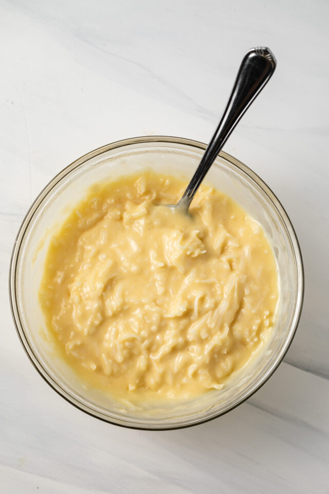 Coconut pastry cream filling in a mixing bowl