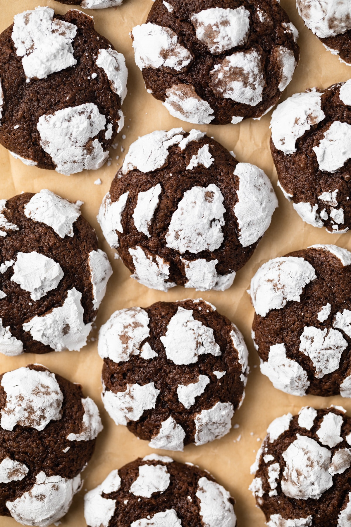 Overhead of chocolate crinkle cookies on parchment paper.