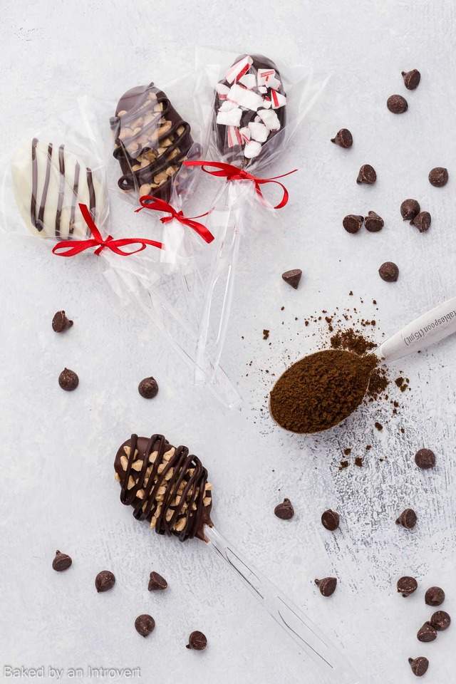 Chocolate Espresso Spoons wrapped in treat bags and tied with red ribbon.