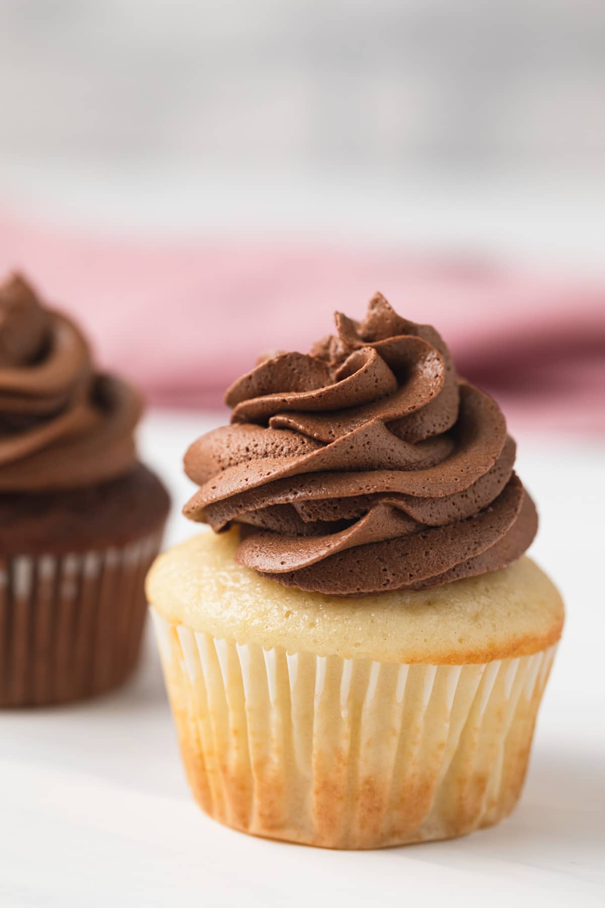 chocolate ganache frosting on a vanilla cupcake