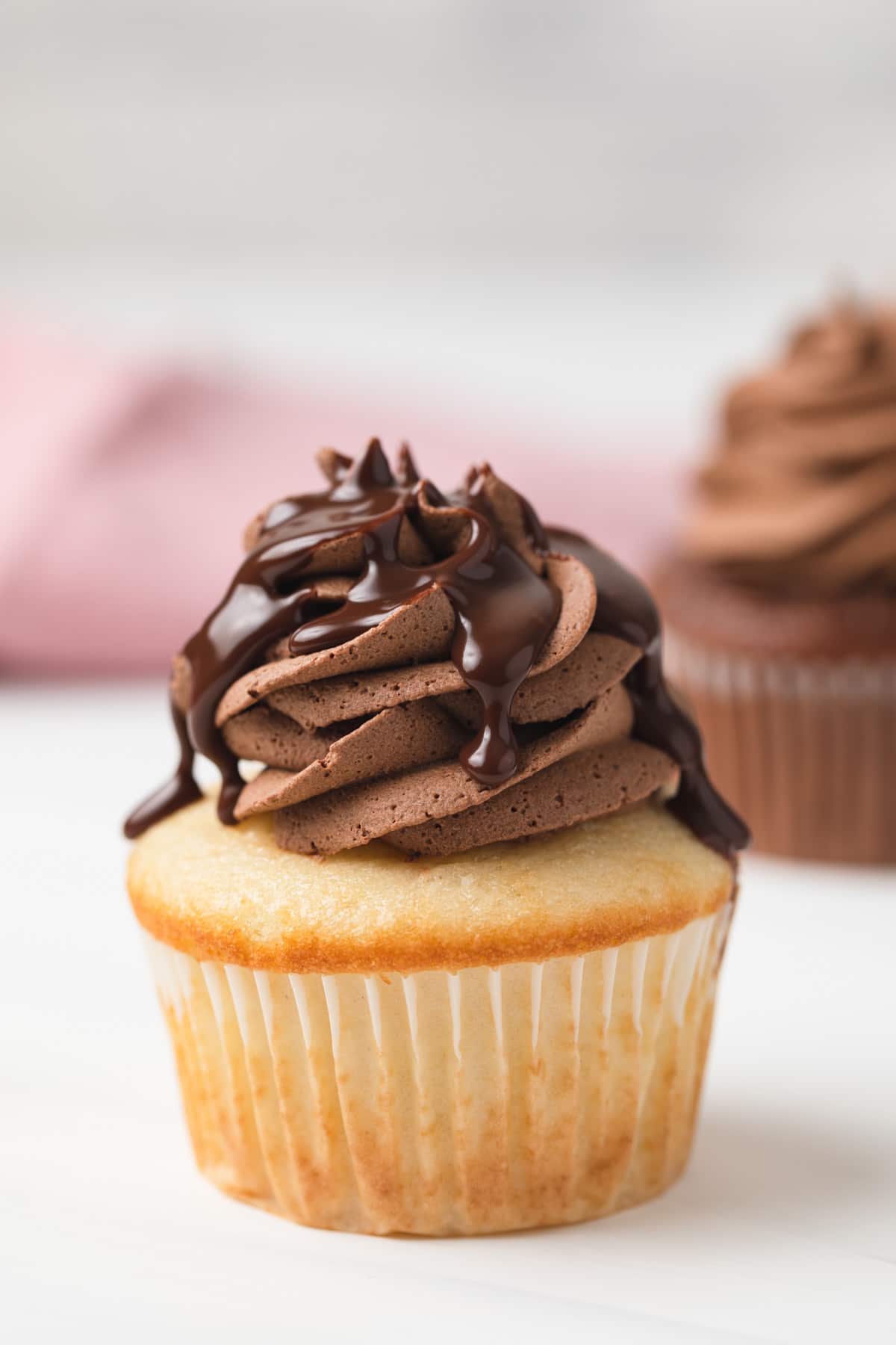 vanilla cupcake topped with chocolate ganache frosting and chocolate glaze